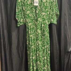 Zara Abstract Green and Cream Dress